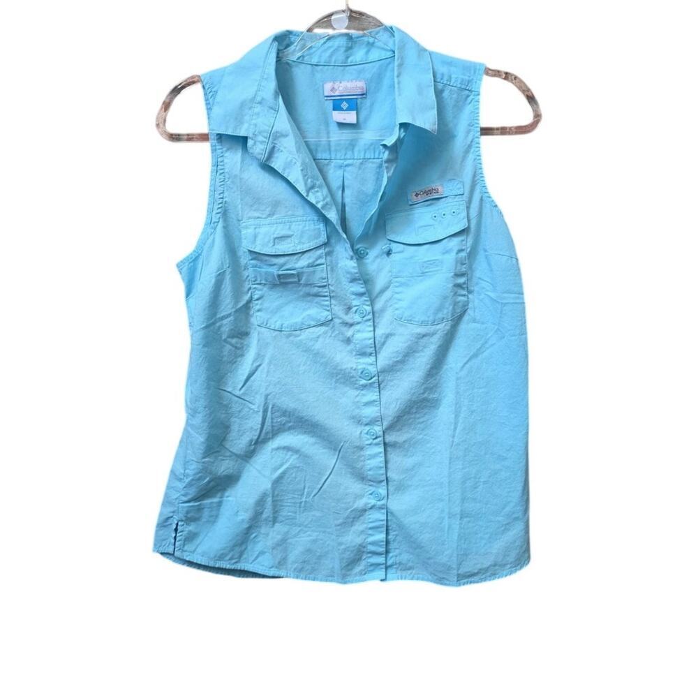 Columbia Blue Sleeveless Button Down Top Womens Medium Lightweight Fishing Shirt